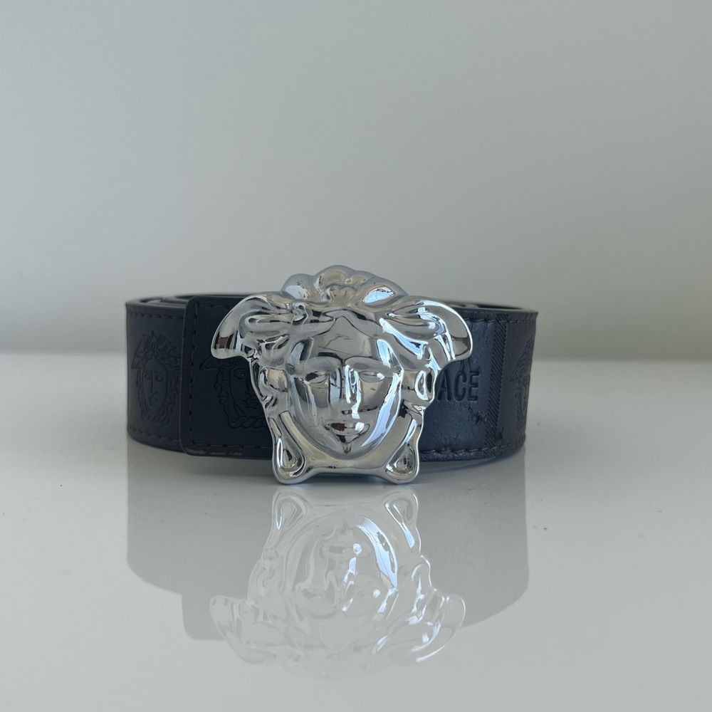 Versace Black and Silver Medusa Leather Belt